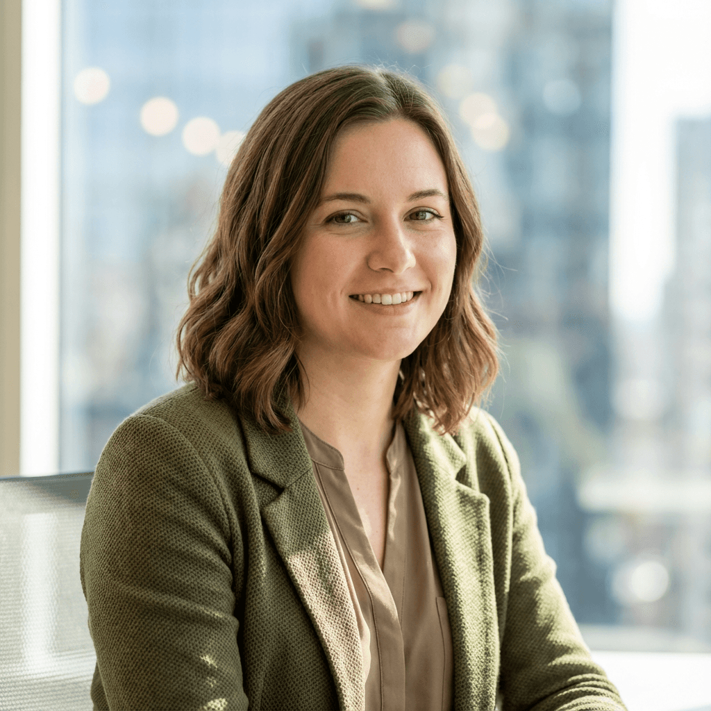 Female office manager in her early 40s, White, with a professional and organized appearance