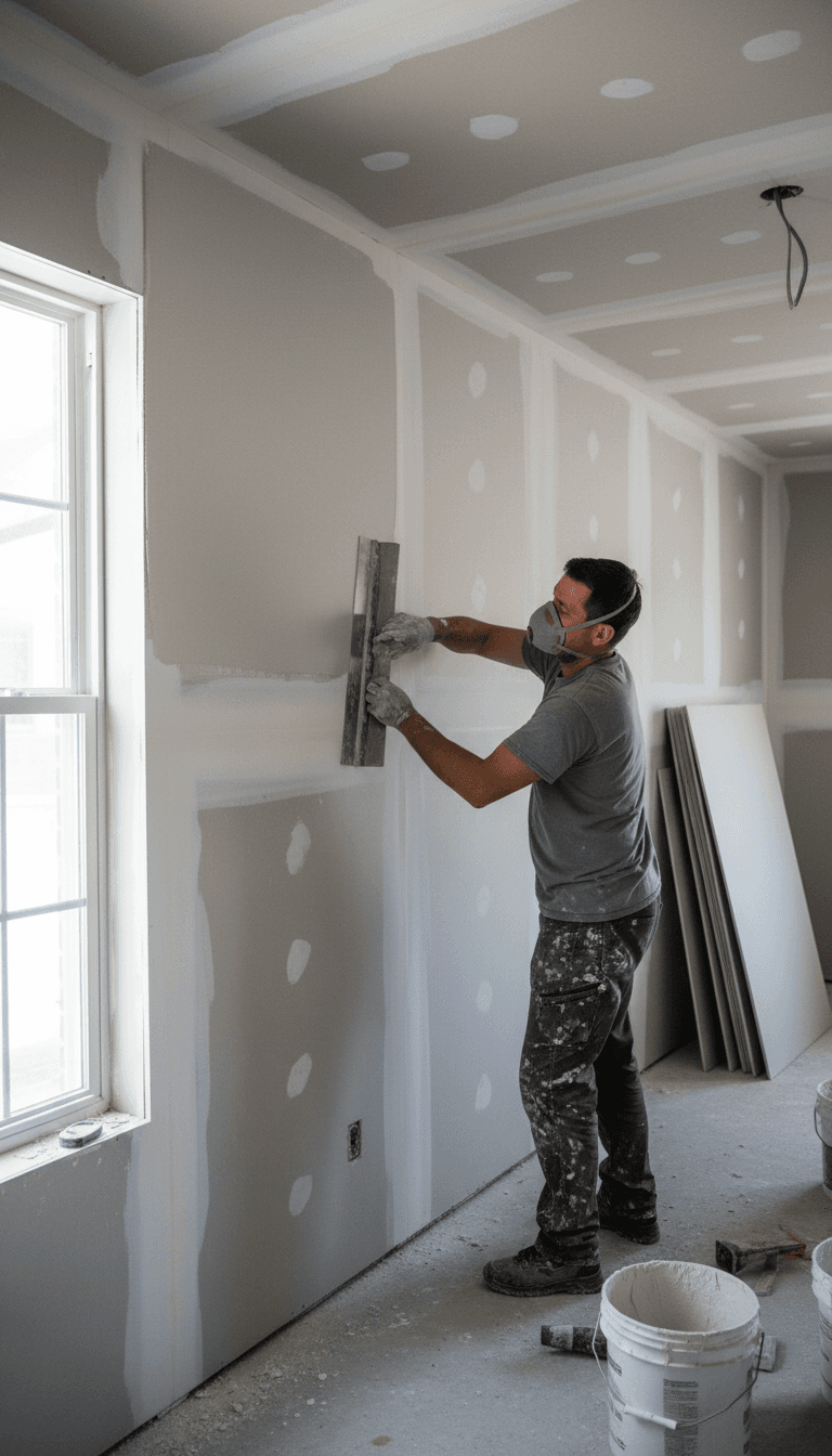 Drywall finisher applying a smooth final coat of compound