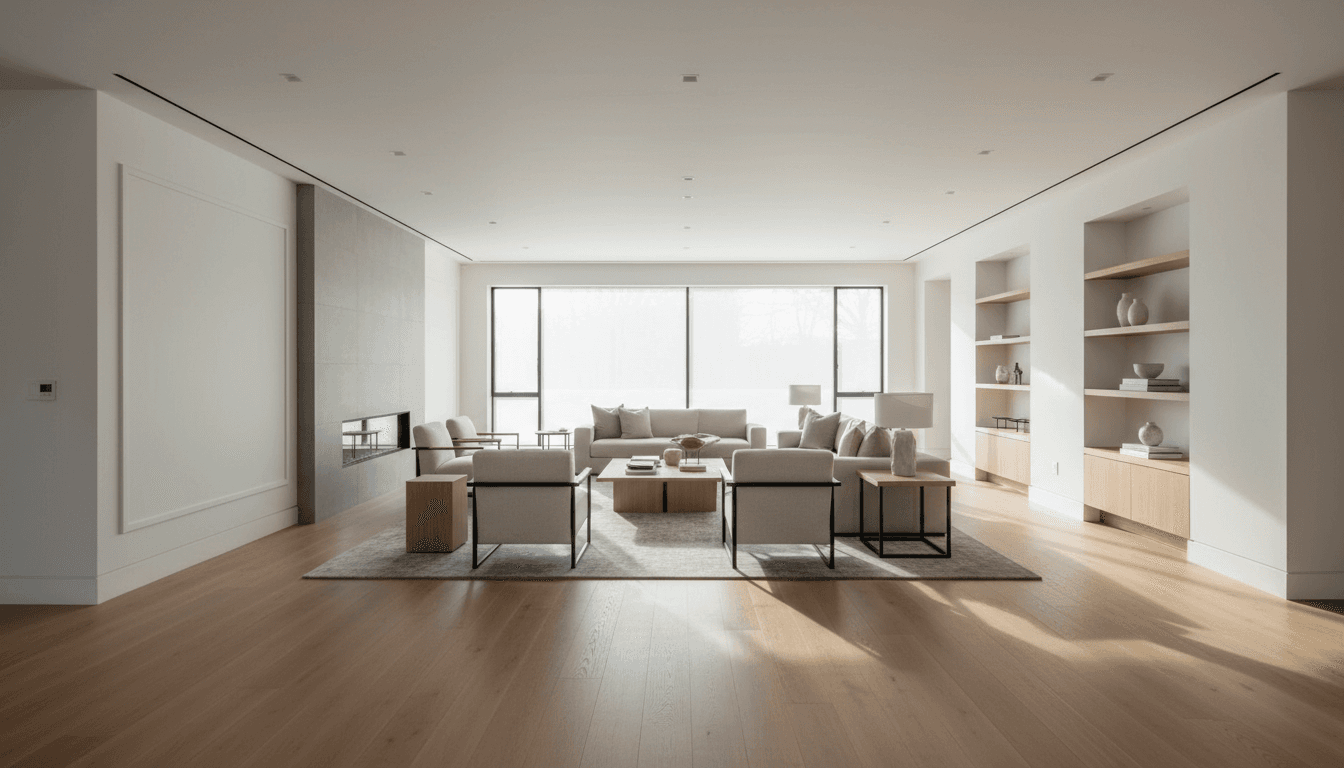 Open concept living room with a curved drywall arch