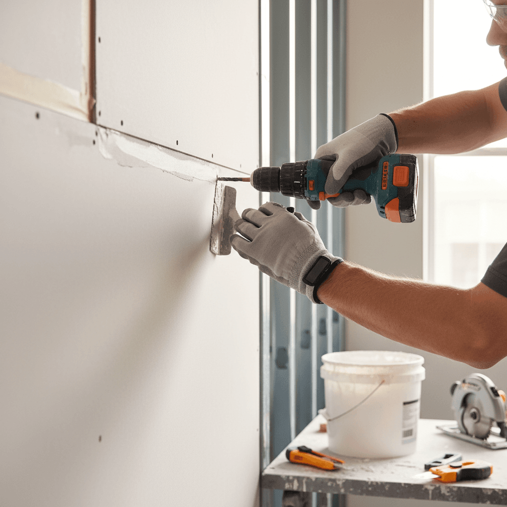 Worker in gloves lifting a drywall sheet against metal studs