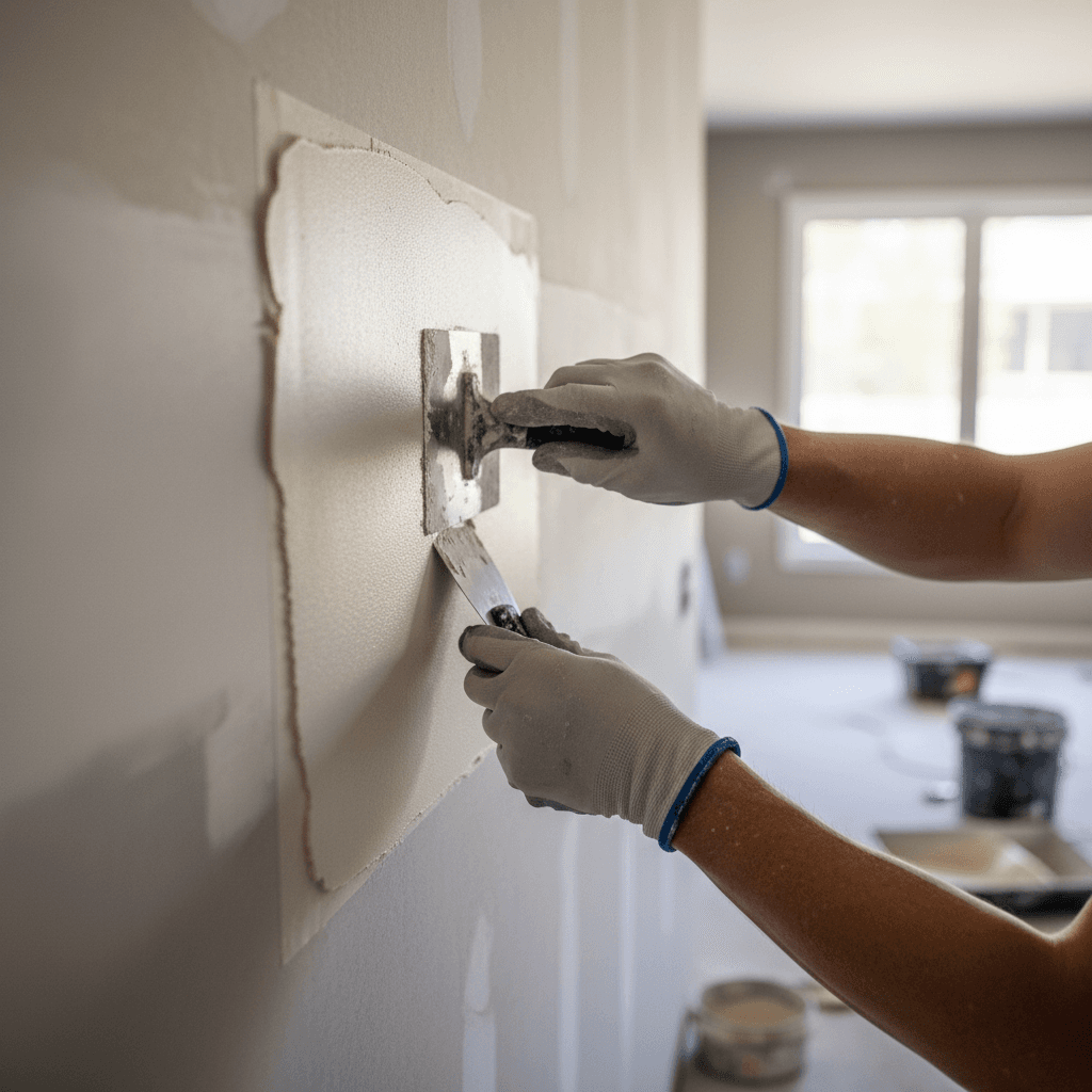 Hands sanding a patched area of a drywall wall